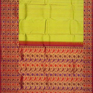 Golden Handloom Kanchipuram Silk Saree With Meena Parrot Motifs-Gold
