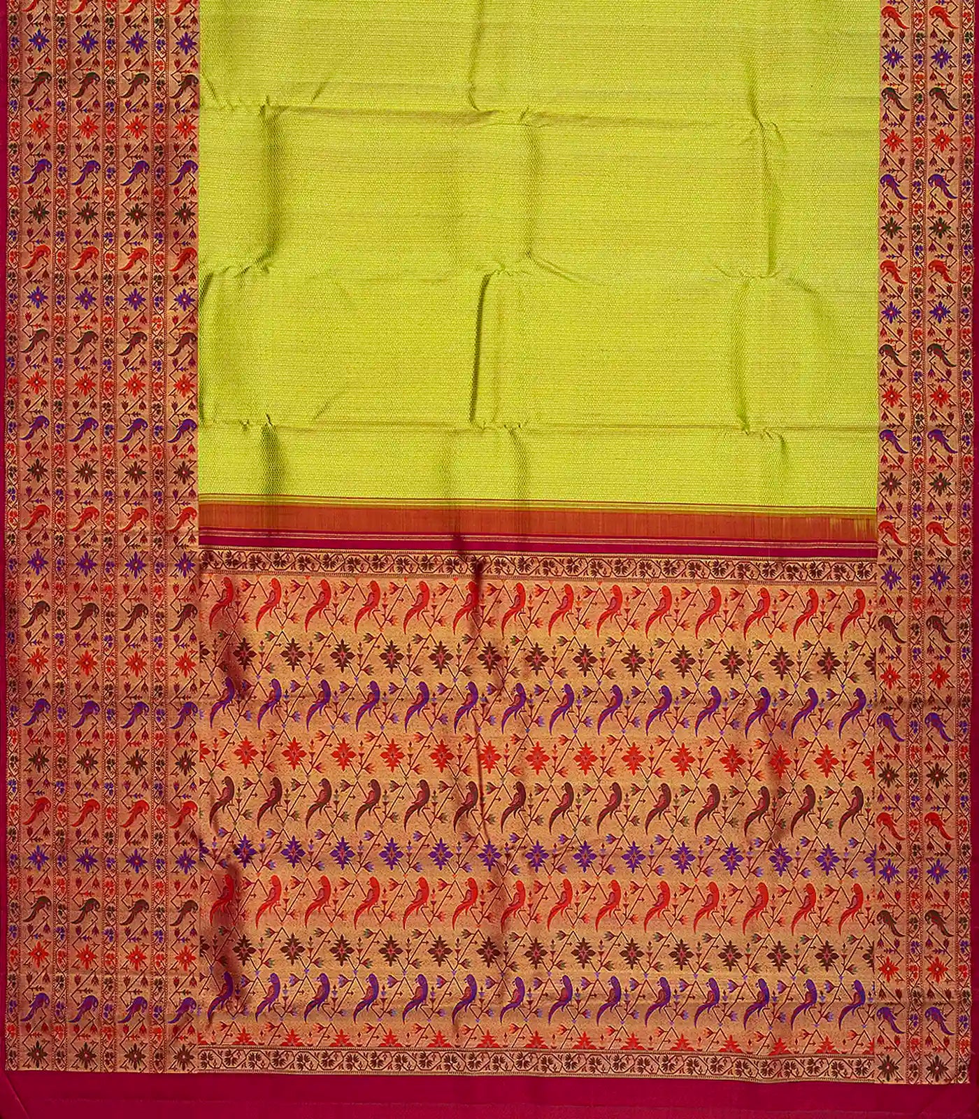 Golden Handloom Kanchipuram Silk Saree With Meena Parrot Motifs-Gold