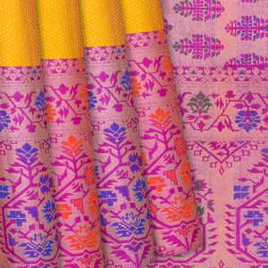 Yellow Handloom Kanchipuram Silk Saree With Meena Floral Motifs-Yellow