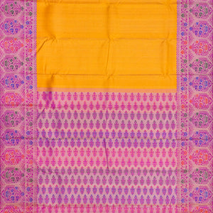 Yellow Handloom Kanchipuram Silk Saree With Meena Floral Motifs-Yellow