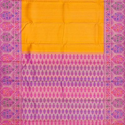 Yellow Handloom Kanchipuram Silk Saree With Meena Floral Motifs-Yellow
