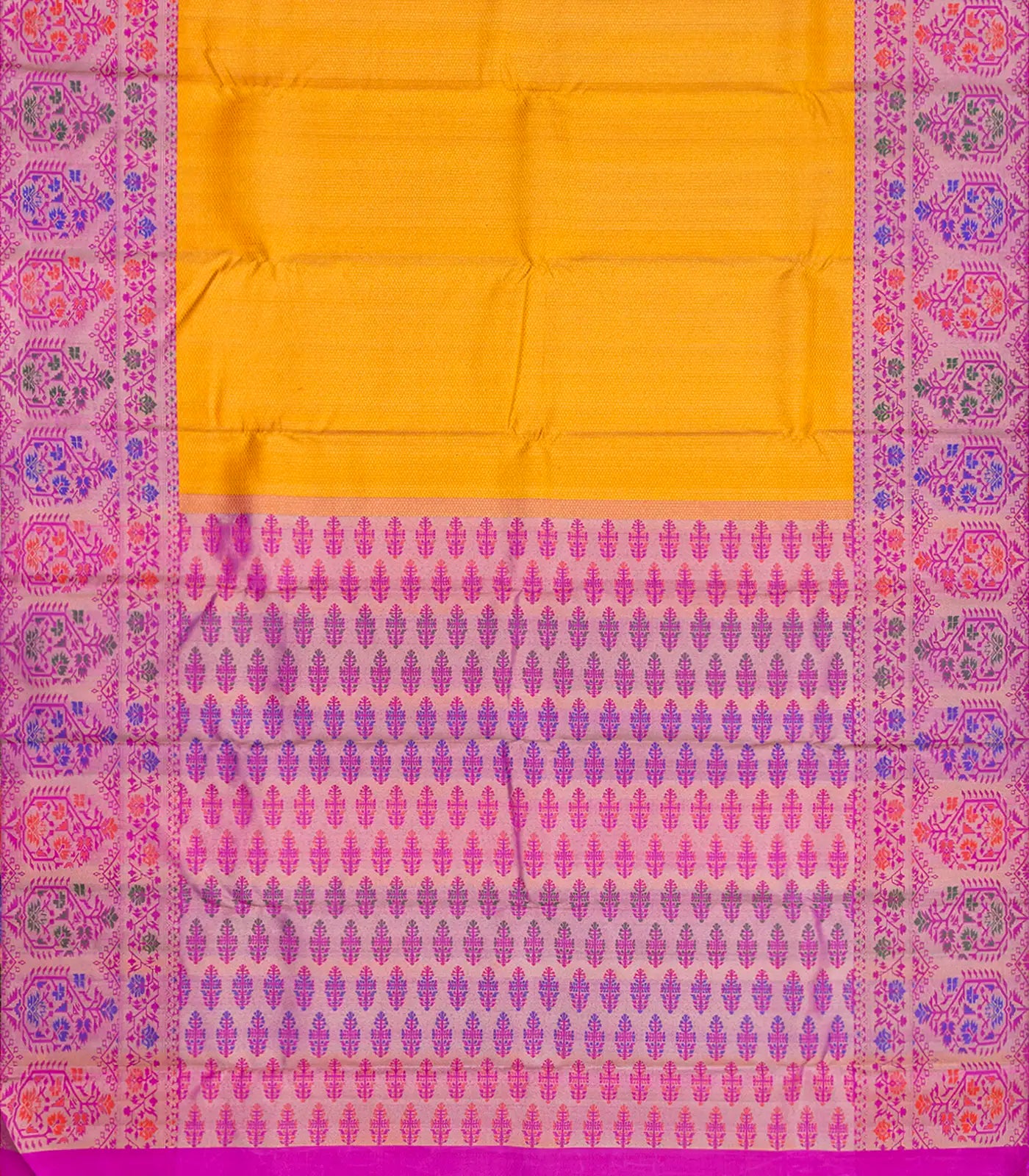 Yellow Handloom Kanchipuram Silk Saree With Meena Floral Motifs-Yellow