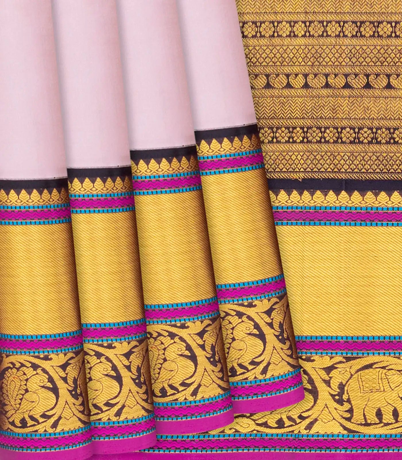 Cream Handloom Kanchipuram Plain Korvai Silk Saree-Cream