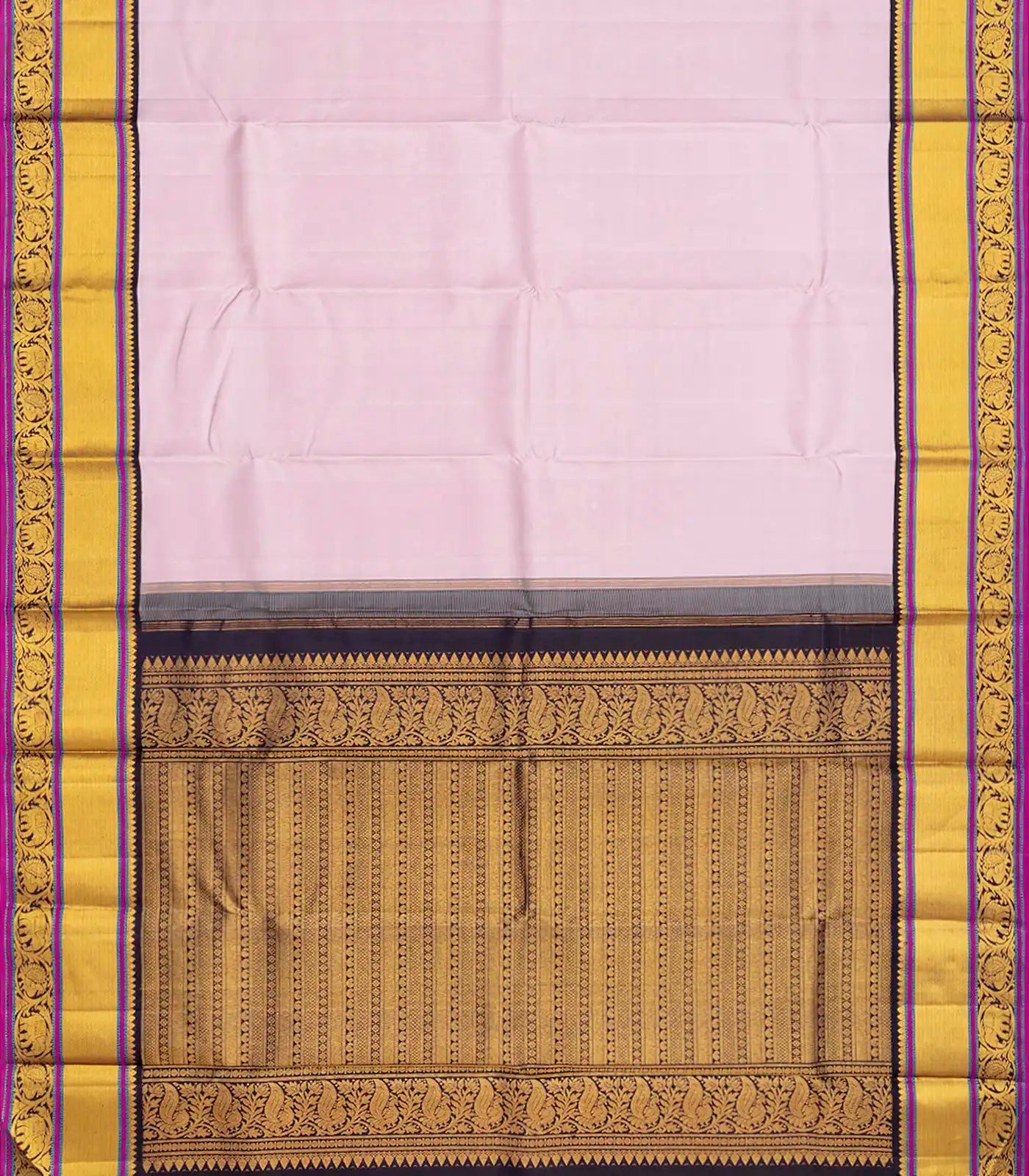 Cream Handloom Kanchipuram Plain Korvai Silk Saree-Cream