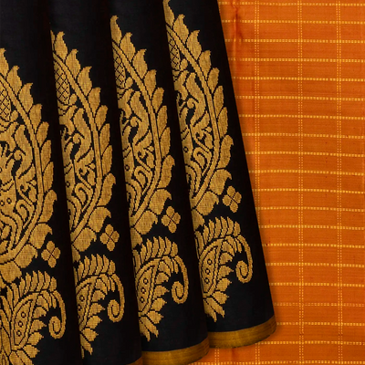 Black Handloom Kanchipuram Silk Saree With Mango Buttas-Black