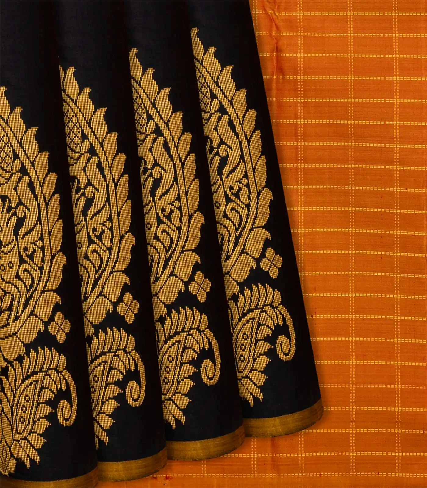 Black Handloom Kanchipuram Silk Saree With Mango Buttas-Black