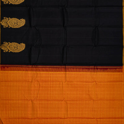 Black Handloom Kanchipuram Silk Saree With Mango Buttas-Black