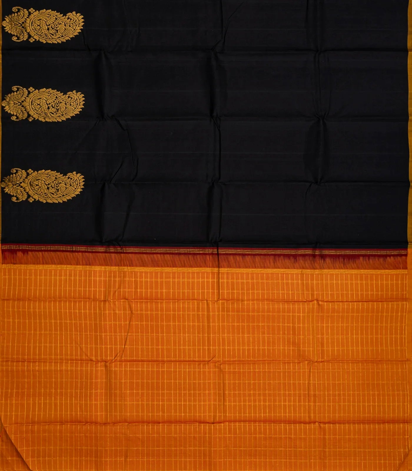 Black Handloom Kanchipuram Silk Saree With Mango Buttas-Black