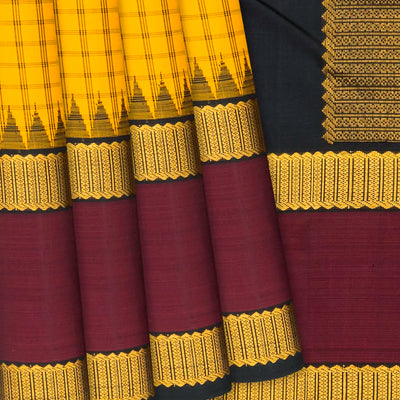 Yellow Handloom Kanchipuram Korvai Silk Saree With Checks-Yellow