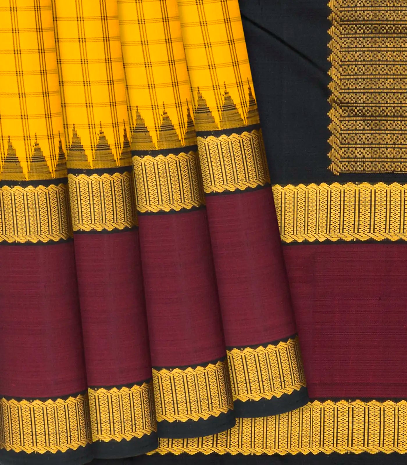 Yellow Handloom Kanchipuram Korvai Silk Saree With Checks-Yellow