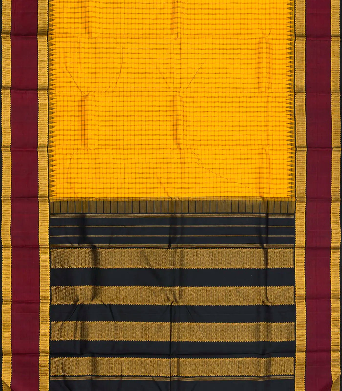 Yellow Handloom Kanchipuram Korvai Silk Saree With Checks-Yellow