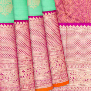 Aquamarine Handloom Kanchipuram Korvai Silk Saree With Pink Border-Aquamarine