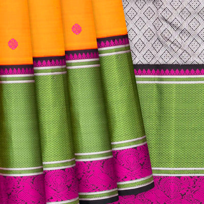 Mango Yellow Handloom Kanchipuram Korvai Silk Saree With Black Border-Mango Yellow
