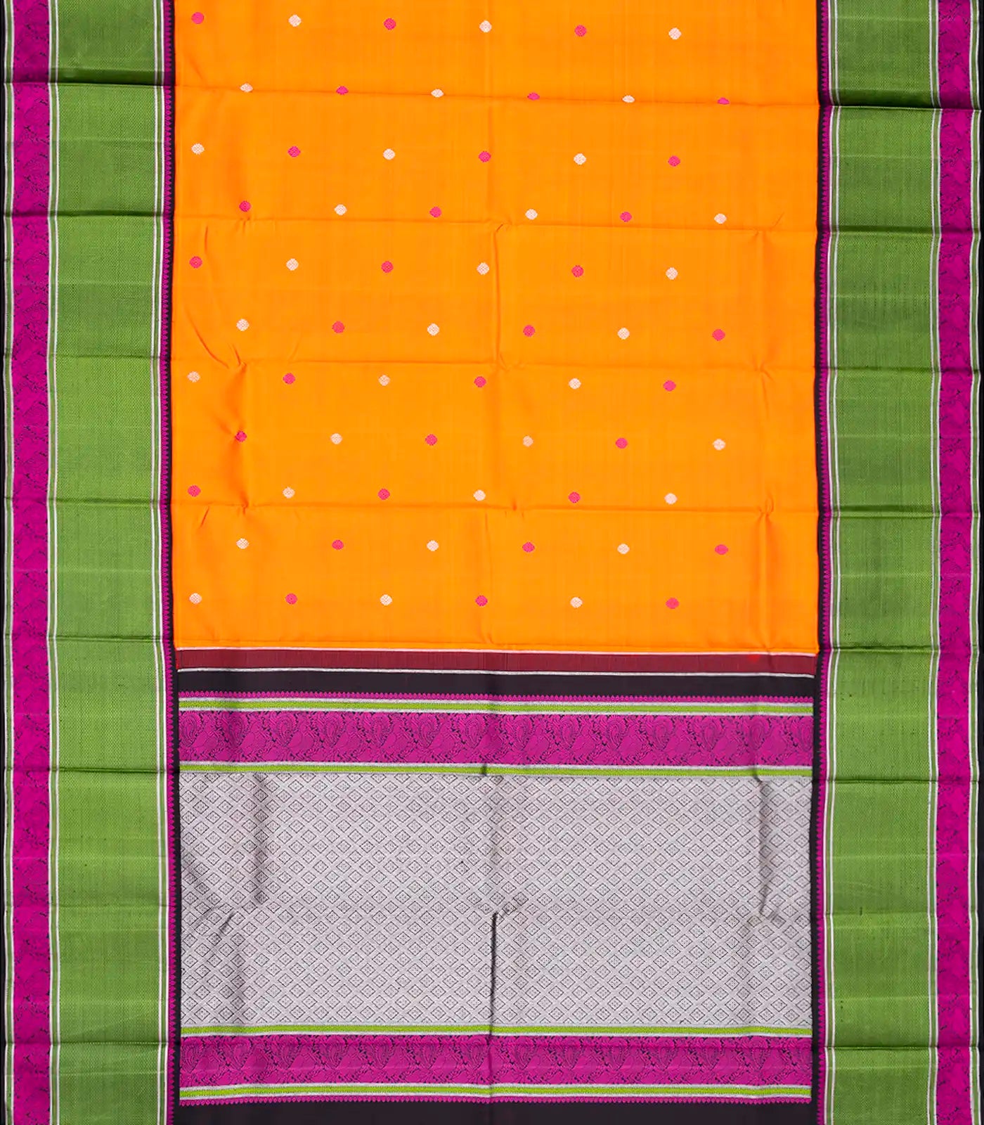 Mango Yellow Handloom Kanchipuram Korvai Silk Saree With Black Border-Mango Yellow