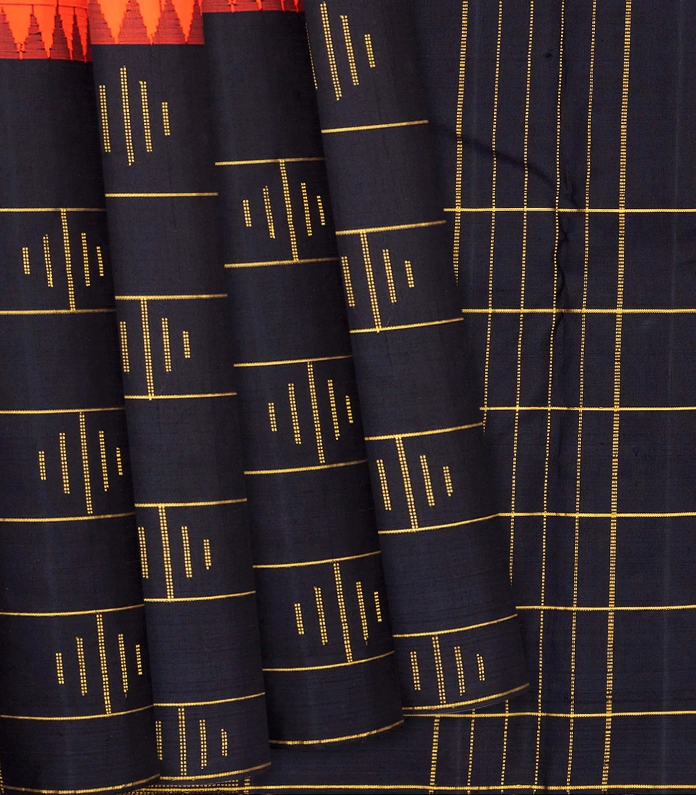 Orange Handloom Kanchipuram Korvai Silk Saree With Checks-Orange