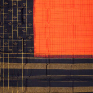 Orange Handloom Kanchipuram Korvai Silk Saree With Checks-Orange