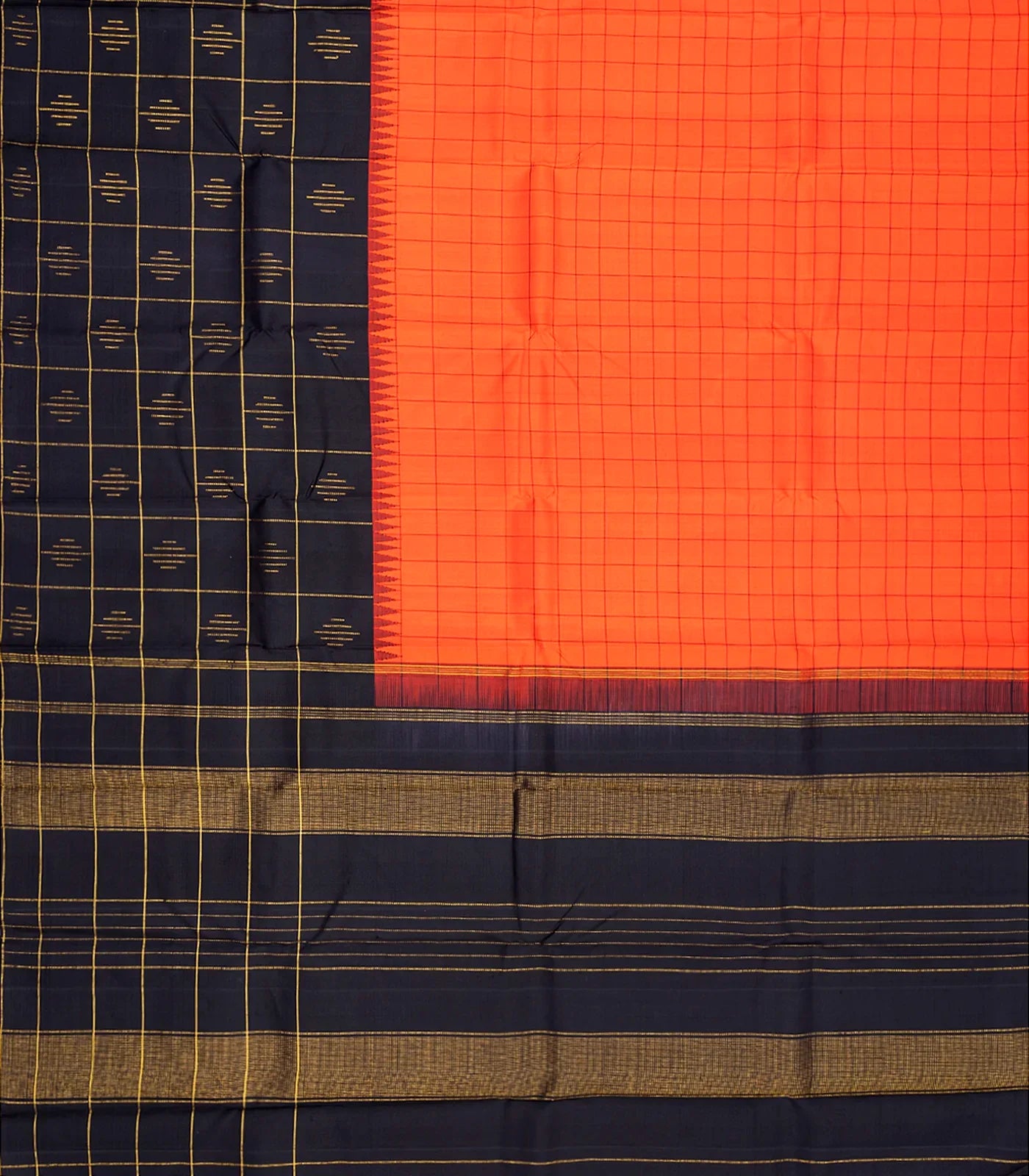 Orange Handloom Kanchipuram Korvai Silk Saree With Checks-Orange