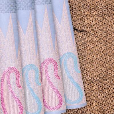 Grey Handloom Kanchipuram Silk Saree With Temple Motifs-Grey