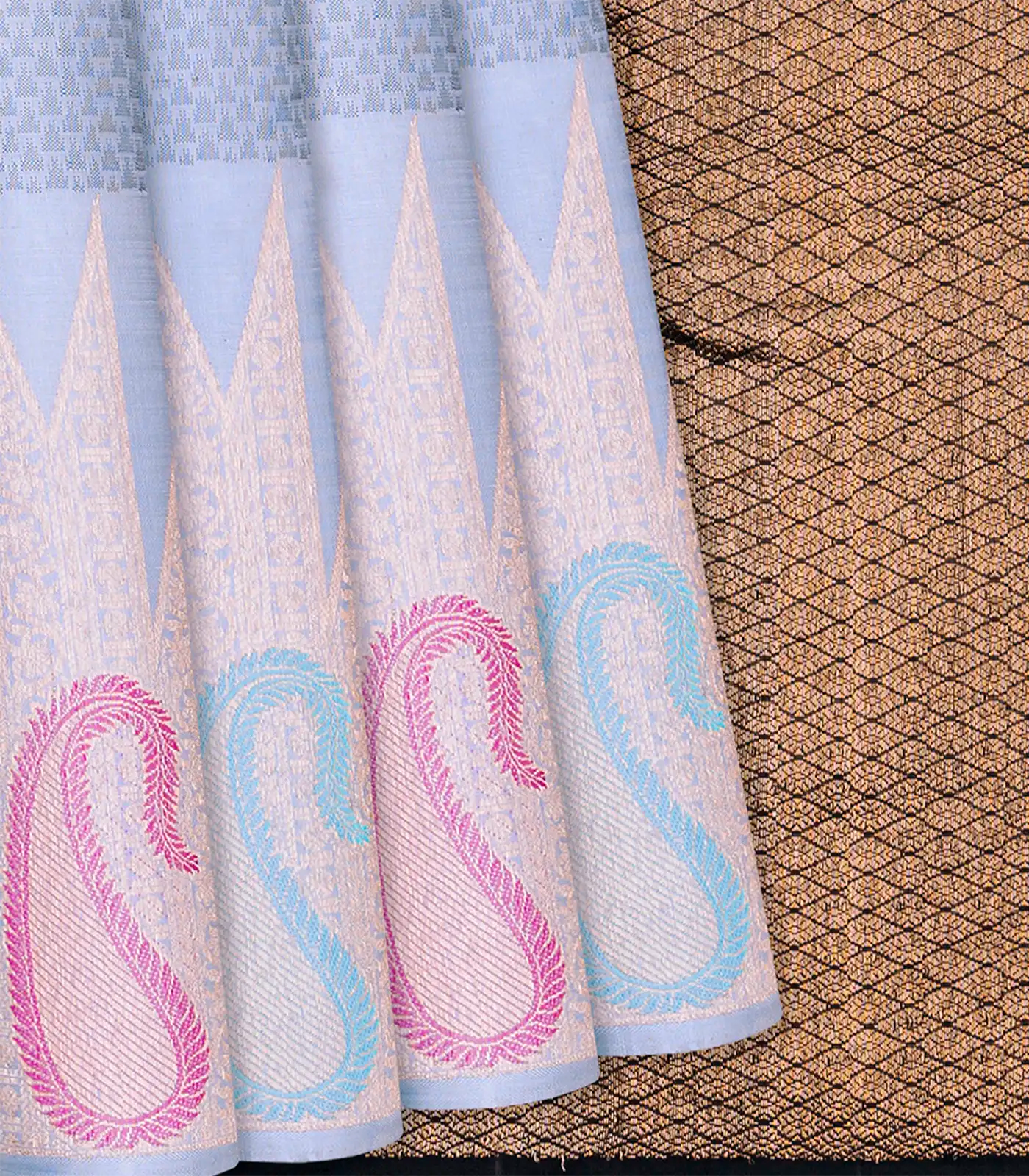 Grey Handloom Kanchipuram Silk Saree With Temple Motifs-Grey