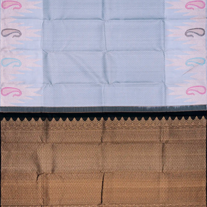 Grey Handloom Kanchipuram Silk Saree With Temple Motifs-Grey
