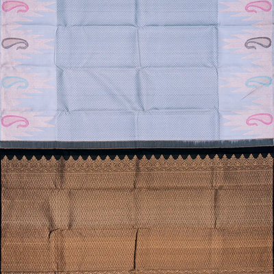 Grey Handloom Kanchipuram Silk Saree With Temple Motifs-Grey