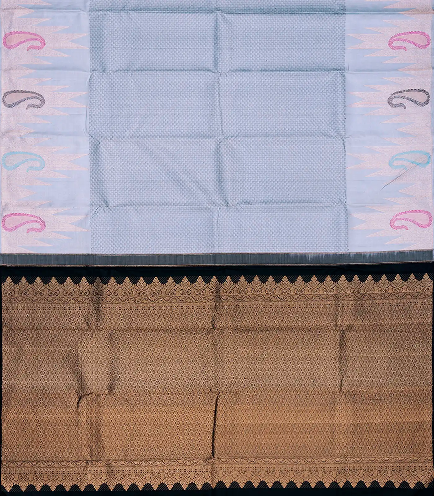 Grey Handloom Kanchipuram Silk Saree With Temple Motifs-Grey