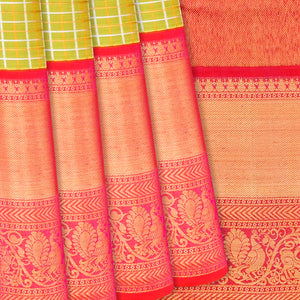 Light Green Handloom Kanchipuram Korvai Silk Saree With Zari Checks-Light Green