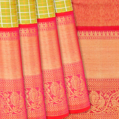 Light Green Handloom Kanchipuram Korvai Silk Saree With Zari Checks-Light Green