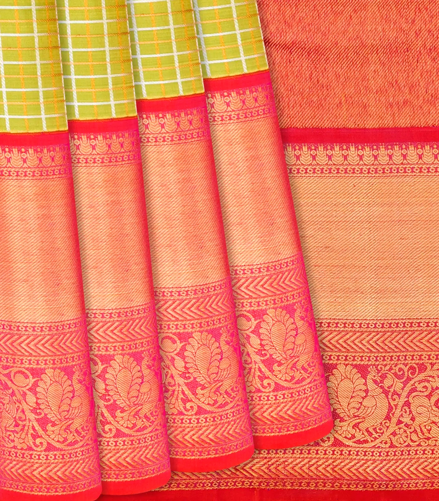 Light Green Handloom Kanchipuram Korvai Silk Saree With Zari Checks-Light Green