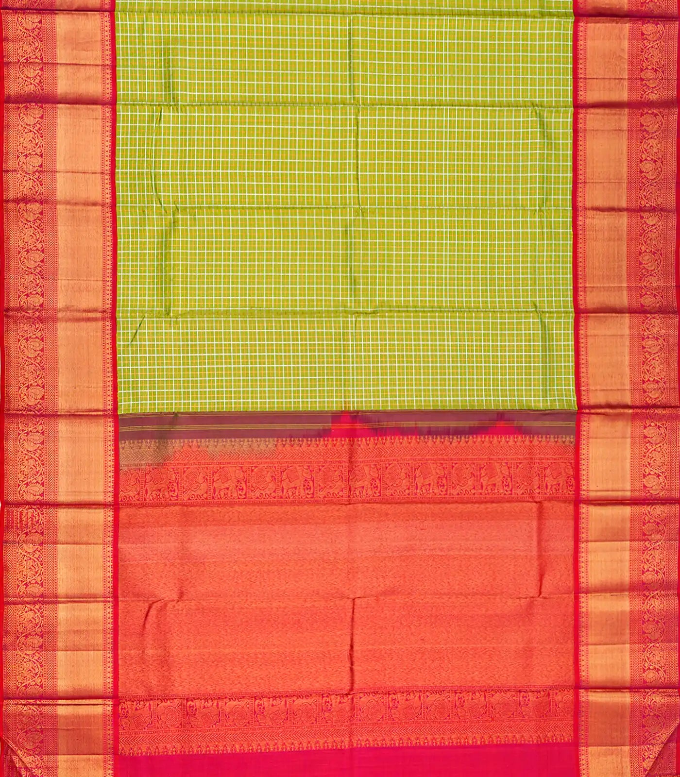 Light Green Handloom Kanchipuram Korvai Silk Saree With Zari Checks-Light Green