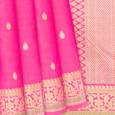 Pink Handloom Kanchipuram Silk Saree With Floral Buttas-Pink
