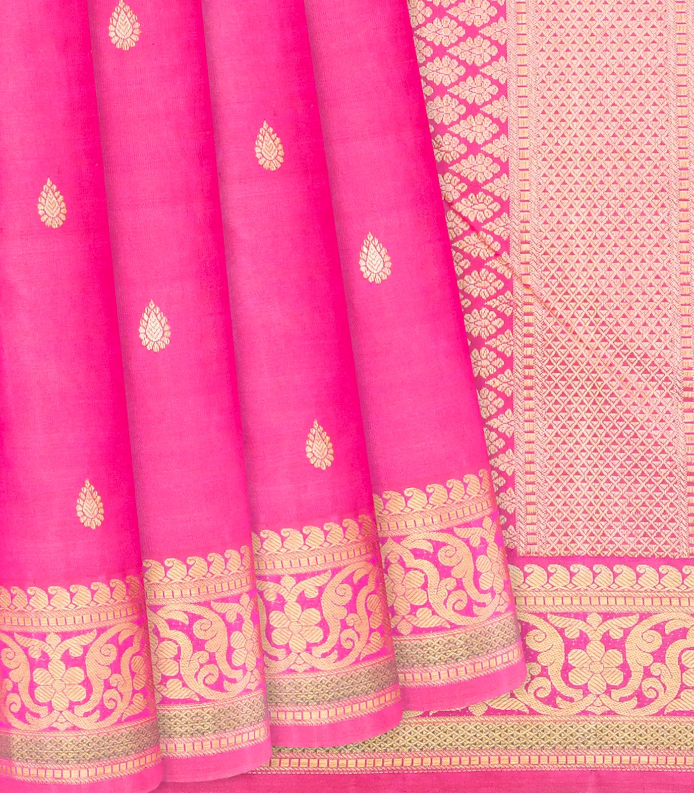 Pink Handloom Kanchipuram Silk Saree With Floral Buttas-Pink