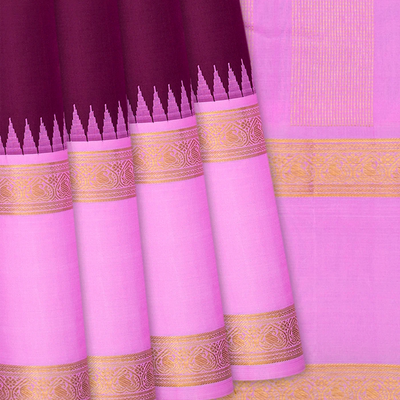 Maroon Handloom Kanchipuram Korvai Silk Saree With Pink Border-Maroon