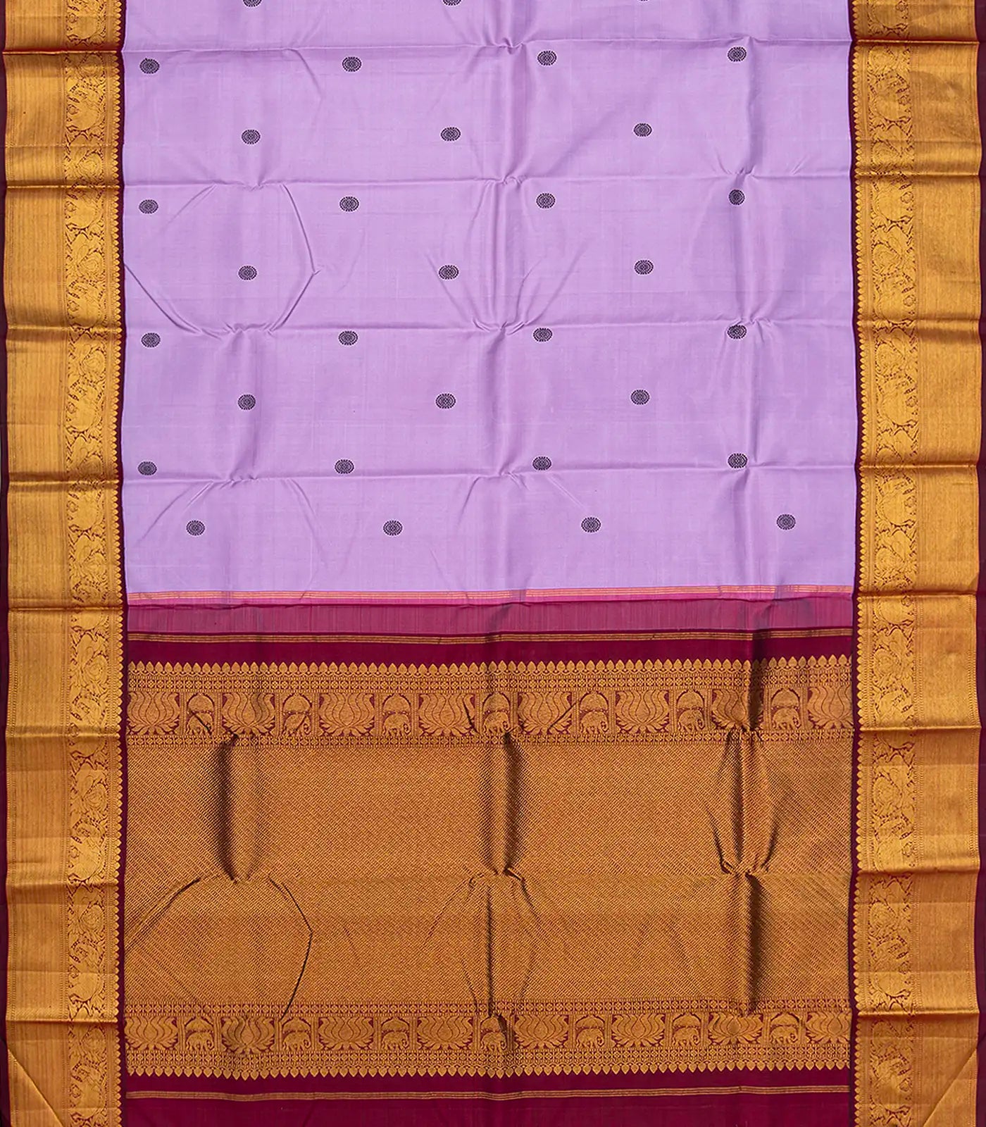 Lavender Handloom Kanchipuram Korvai Silk Saree With Kamalam Buttas-Lavander