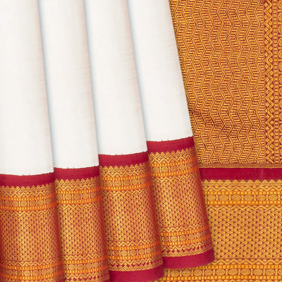 White Handloom Kanchipuram Korvai Silk Saree With Red Border-White
