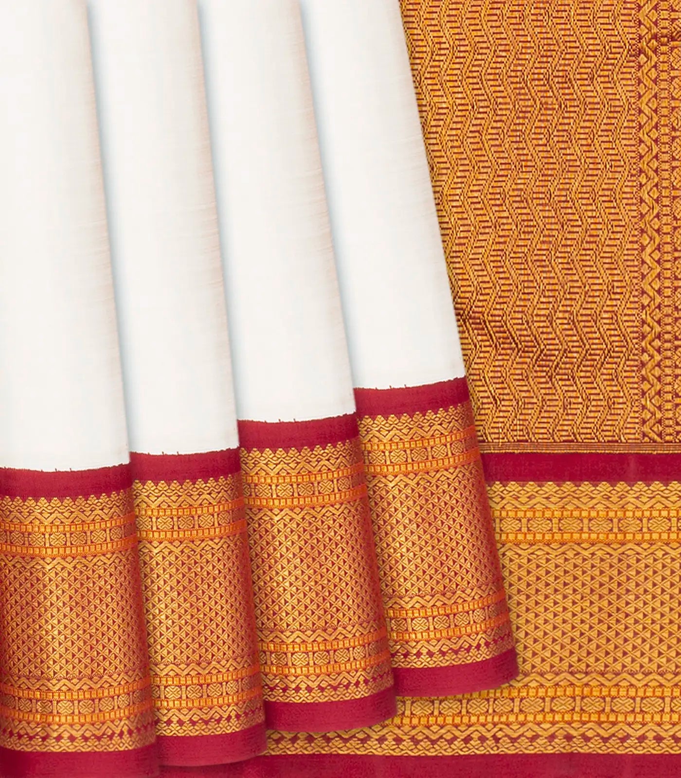 White Handloom Kanchipuram Korvai Silk Saree With Red Border-White