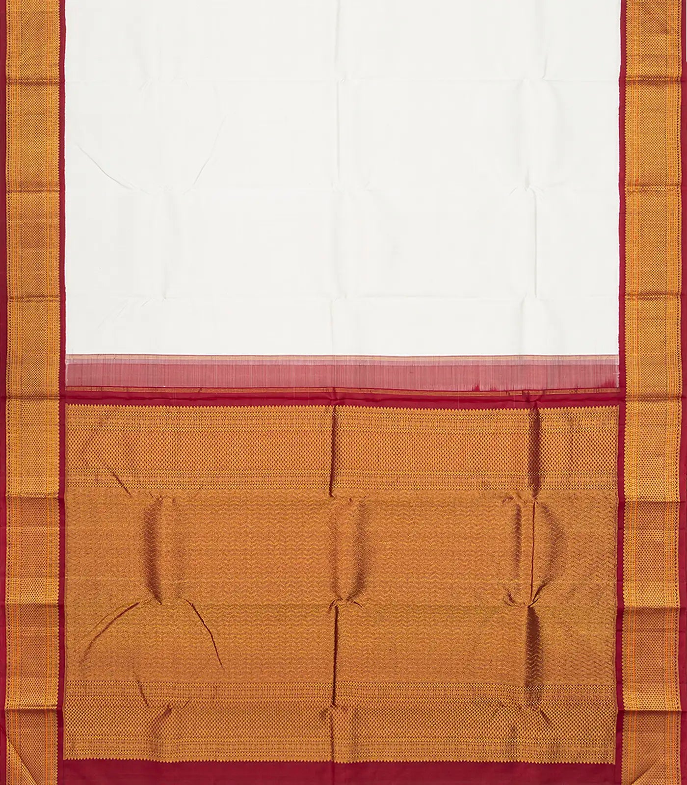 White Handloom Kanchipuram Korvai Silk Saree With Red Border-White