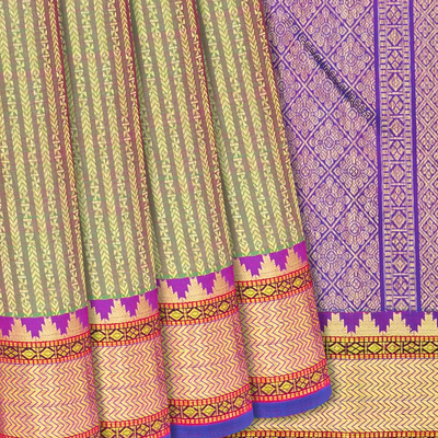 Green Handloom Kanchipuram Silk Saree With Zari Stripes-Green