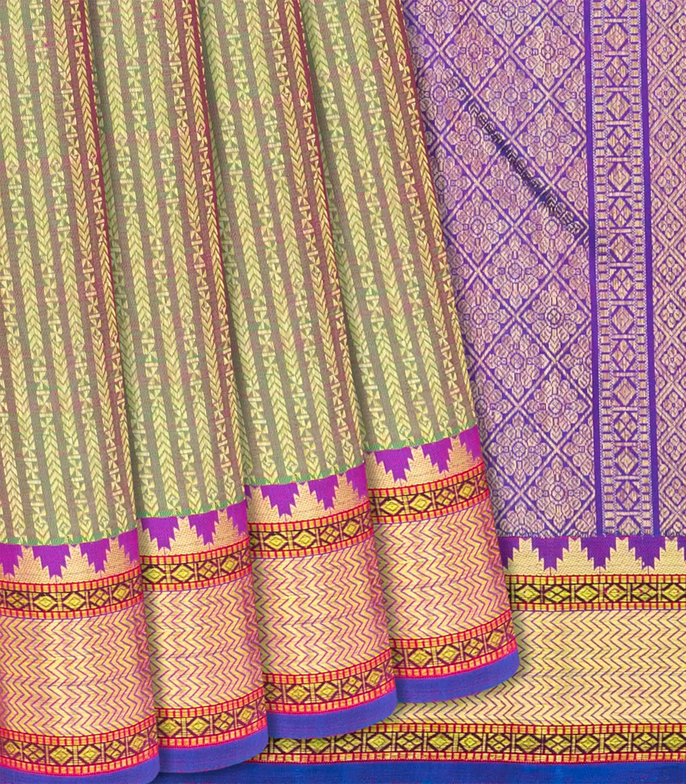 Green Handloom Kanchipuram Silk Saree With Zari Stripes-Green