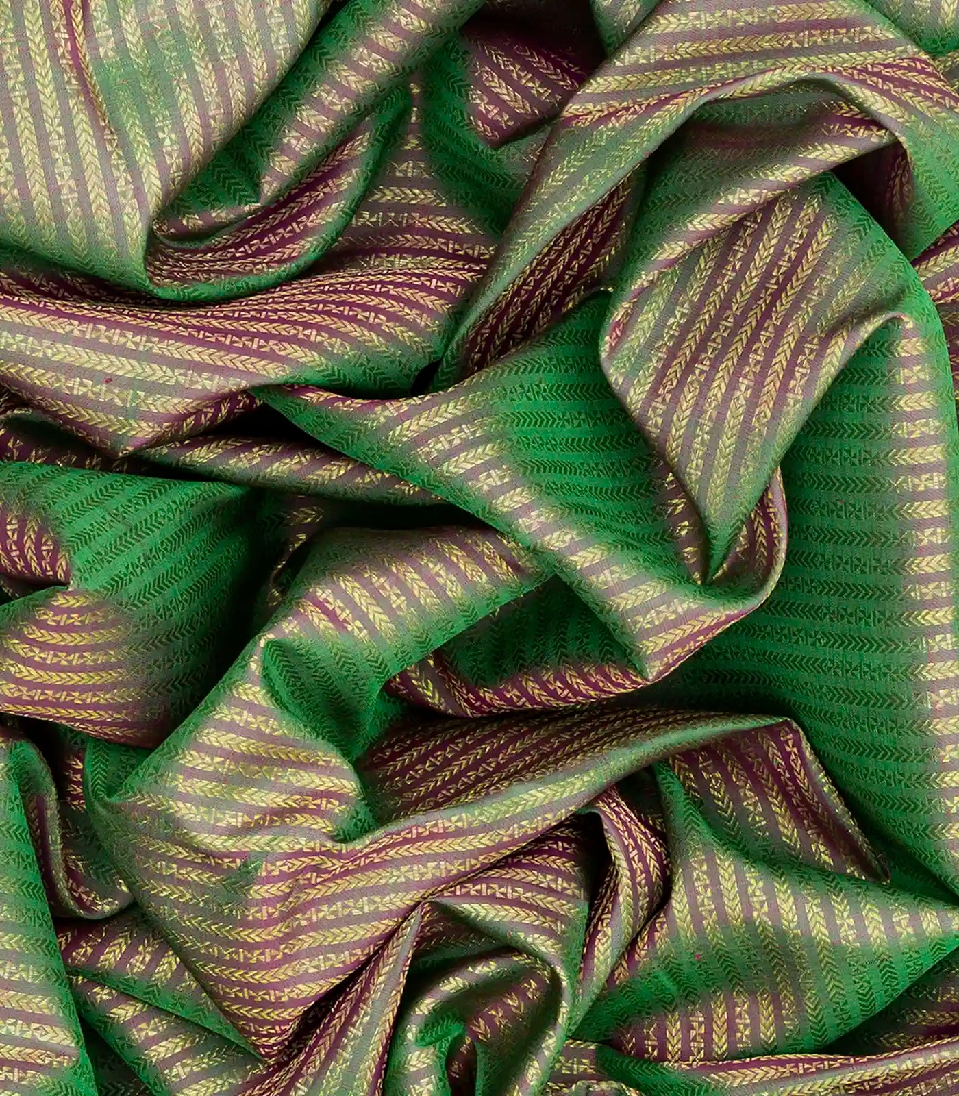 Green Handloom Kanchipuram Silk Saree With Zari Stripes-Green