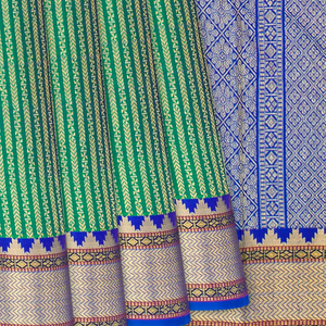 Sea Green Handloom Kanchipuram Silk Saree With Zari Stripes-Sage Green