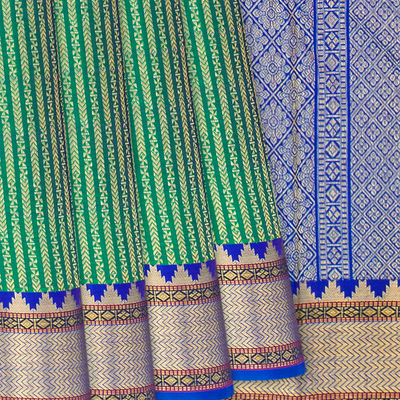 Sea Green Handloom Kanchipuram Silk Saree With Zari Stripes-Sage Green