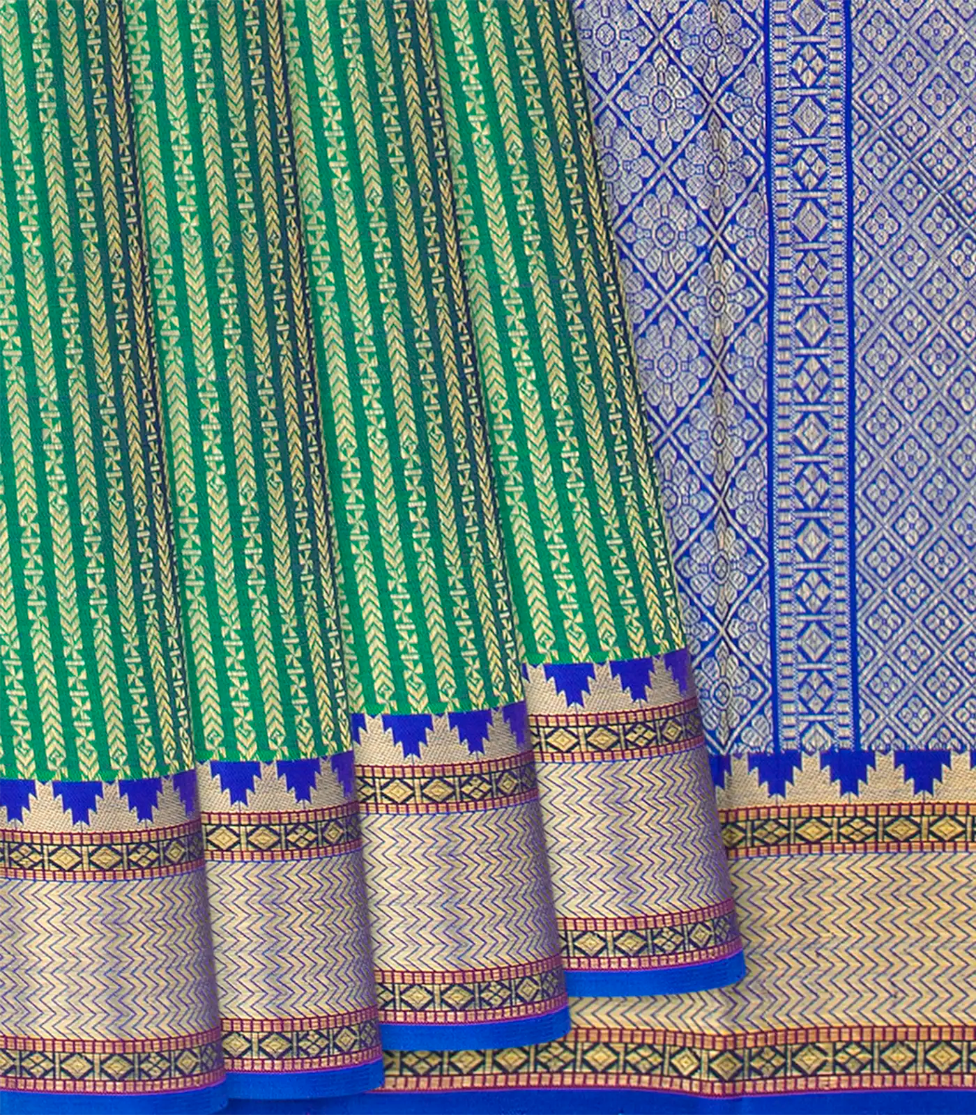 Sea Green Handloom Kanchipuram Silk Saree With Zari Stripes-Sage Green