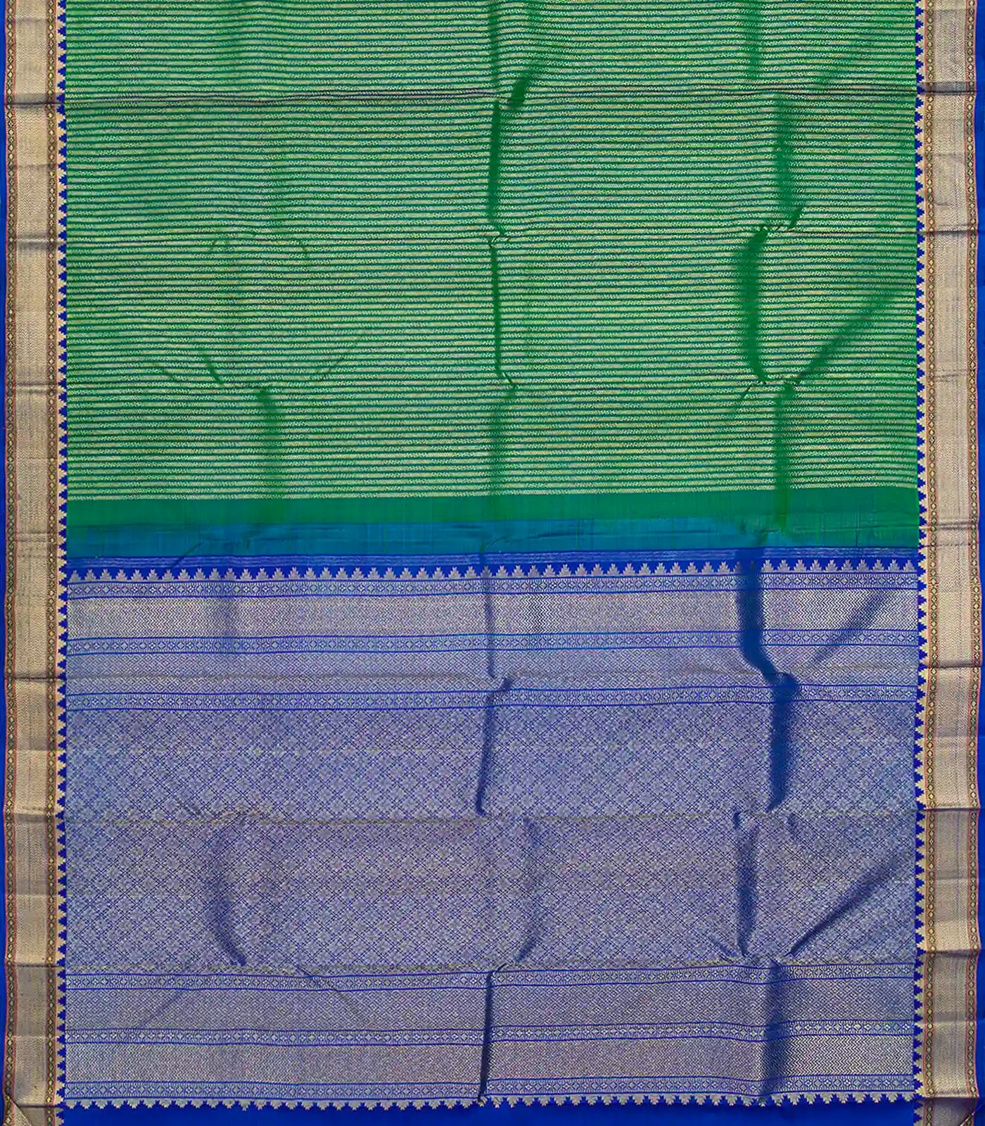 Sea Green Handloom Kanchipuram Silk Saree With Zari Stripes-Sage Green