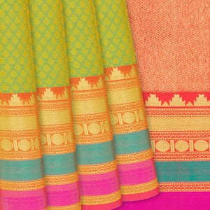 Green Handloom Kanchipuram Silk Saree With Floral Motifs-Green