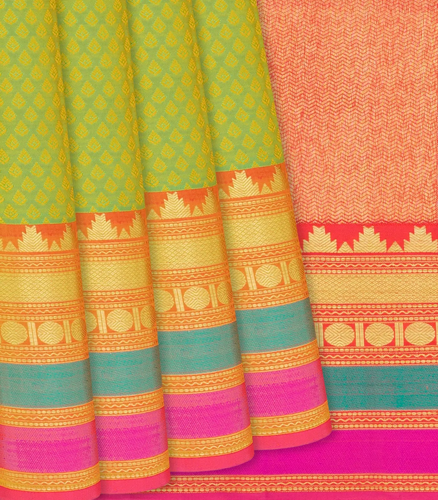 Green Handloom Kanchipuram Silk Saree With Floral Motifs-Green