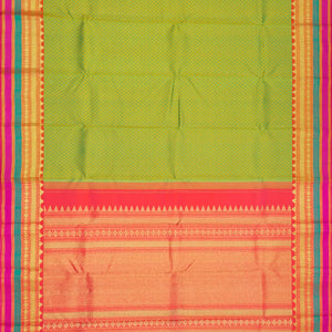Green Handloom Kanchipuram Silk Saree With Floral Motifs-Green