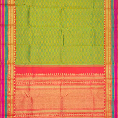 Green Handloom Kanchipuram Silk Saree With Floral Motifs-Green