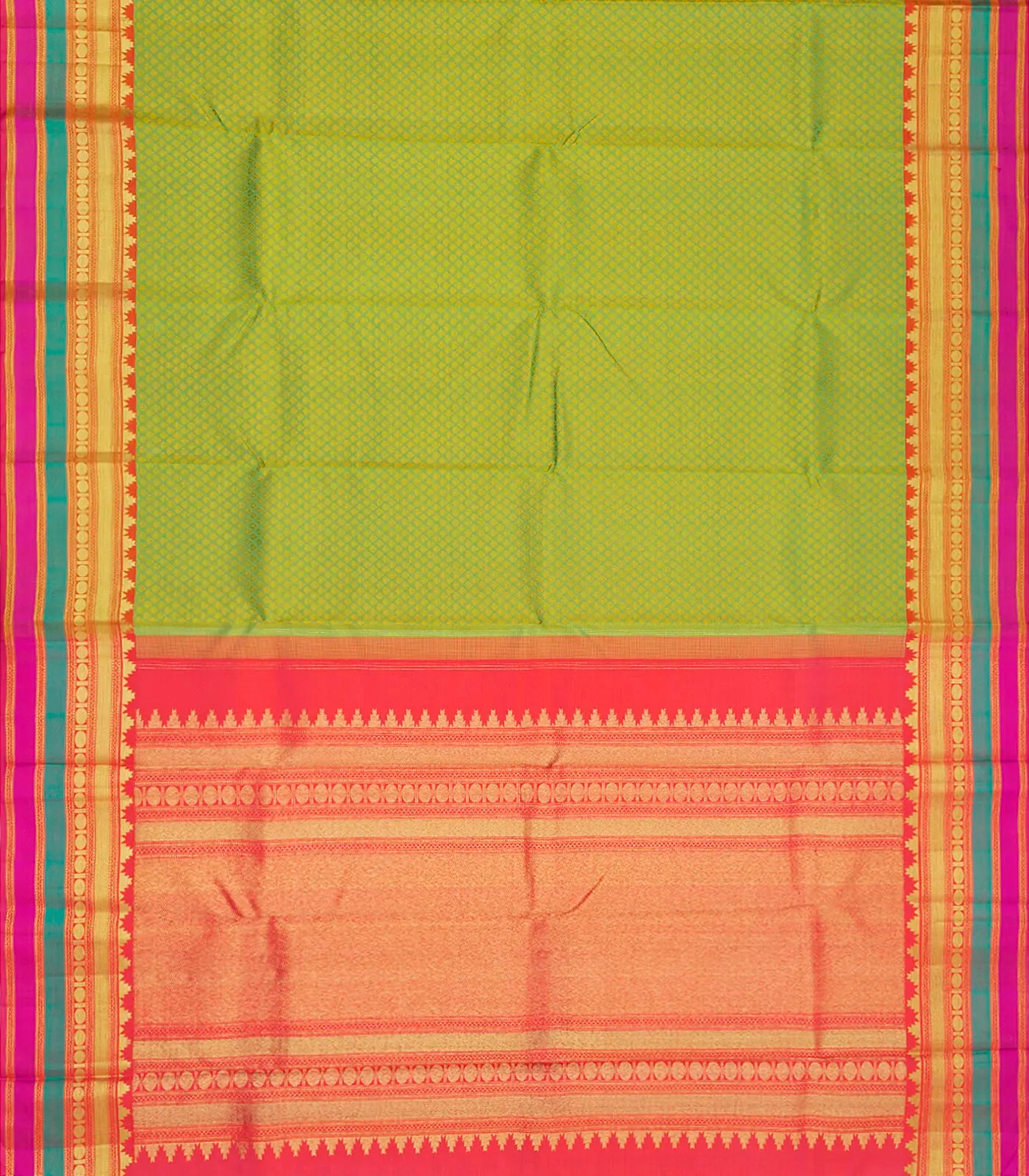 Green Handloom Kanchipuram Silk Saree With Floral Motifs-Green
