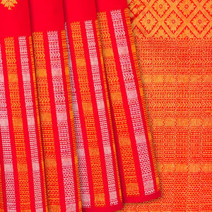 Red Handloom Kanchipuram Silk Saree With Floral Buttas-Red